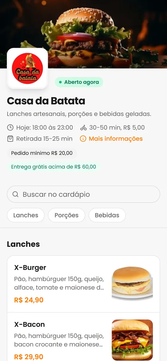 Cardápio digital da loja no celular