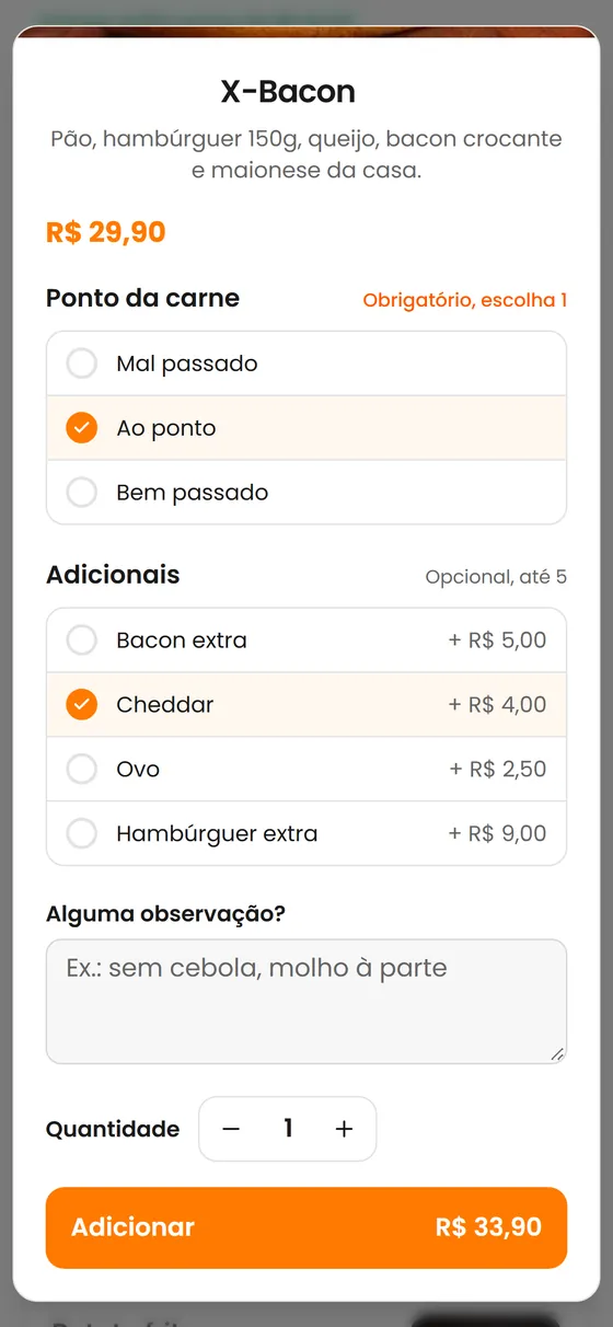 Escolha de ponto da carne e adicionais