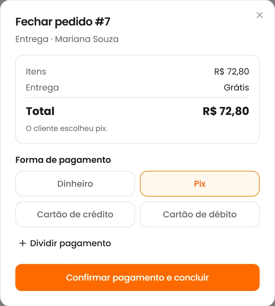 Fechamento de entrega com forma de pagamento