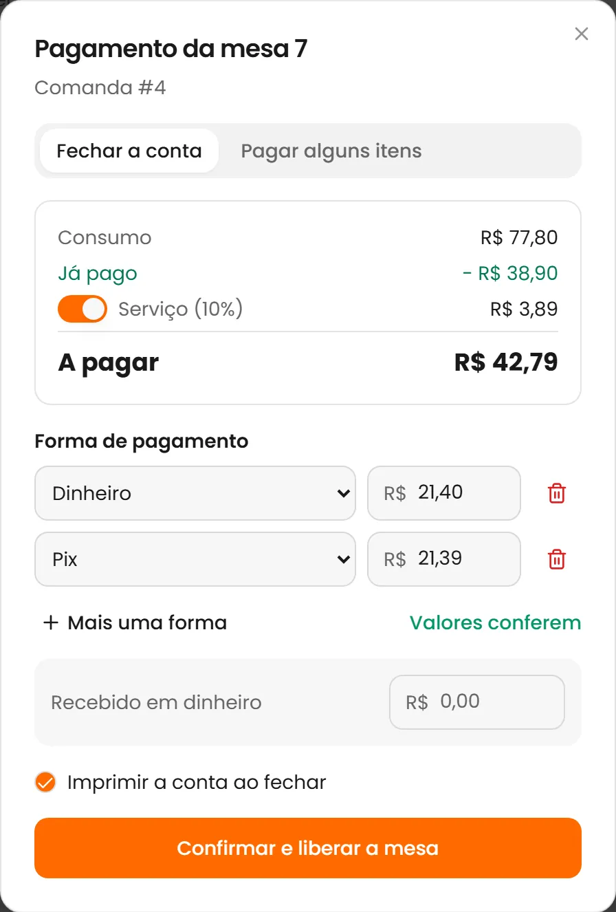 Fechamento de mesa com pagamento dividido