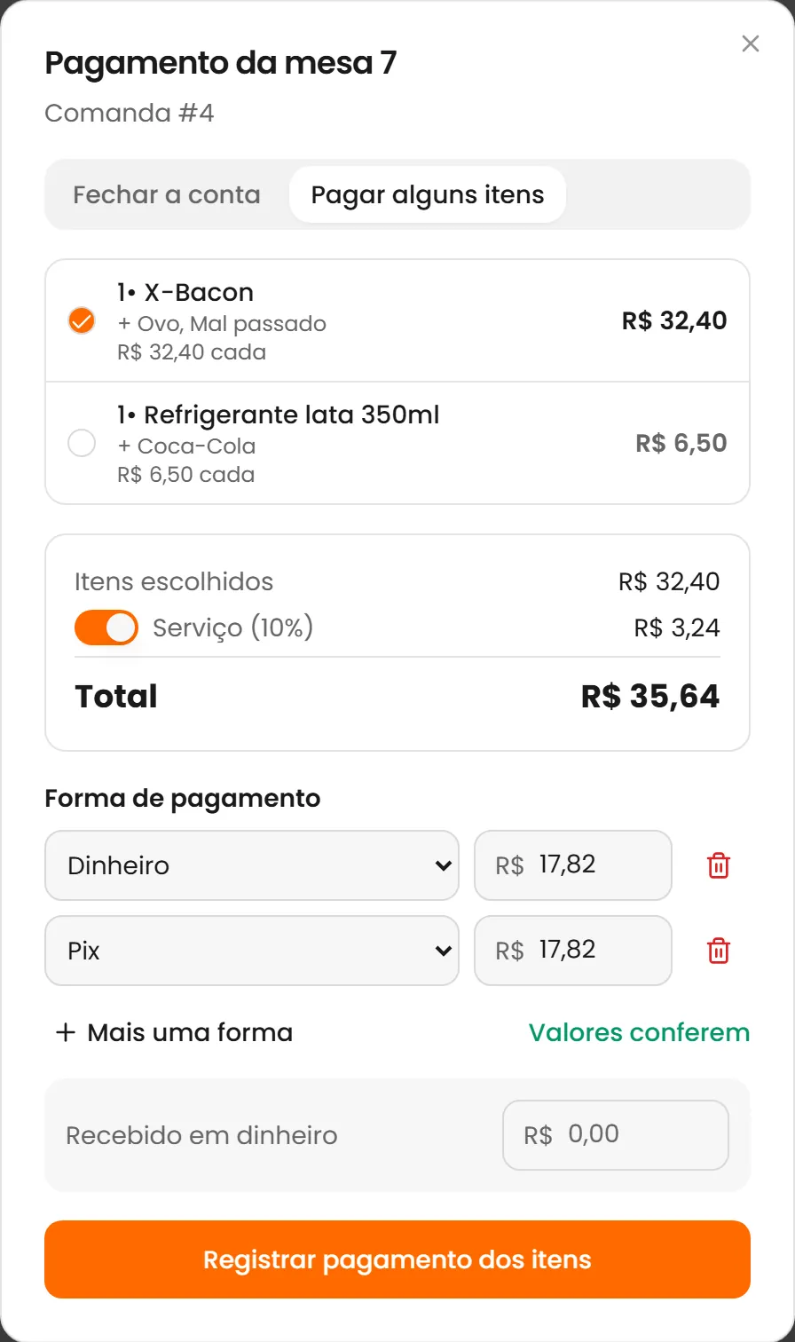 Pagamento de só alguns itens da mesa