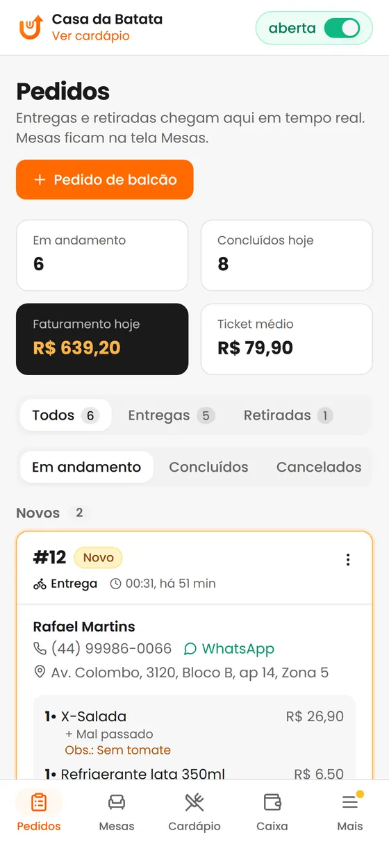 Painel de pedidos no celular